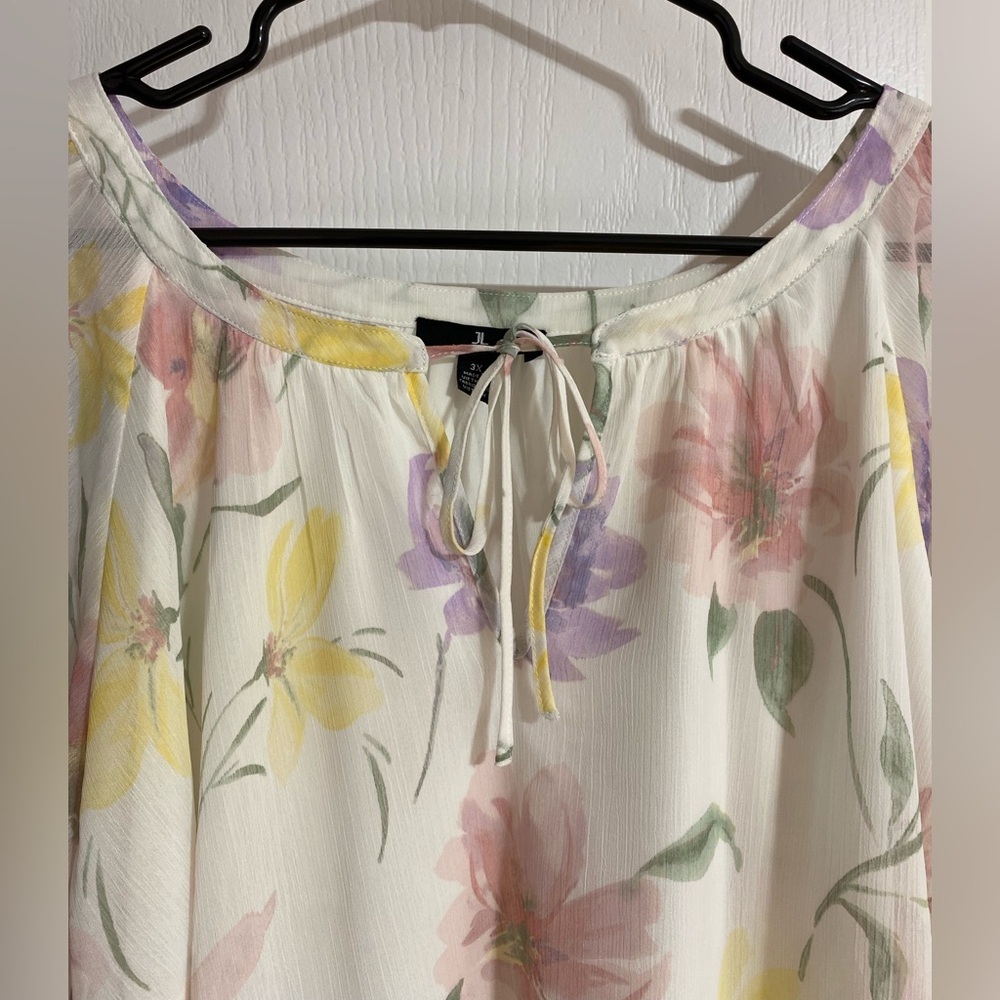 Jules & Leopold Floral Sheer Font Keyhole Tie Inner Liner Short Sleeve Blouse 3X - Picture 3 of 11